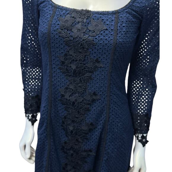Sara Campbell Navy Blue Cotton Crochet Lace Dress Square Neck USA Made  Size S/M - Picture 10 of 16